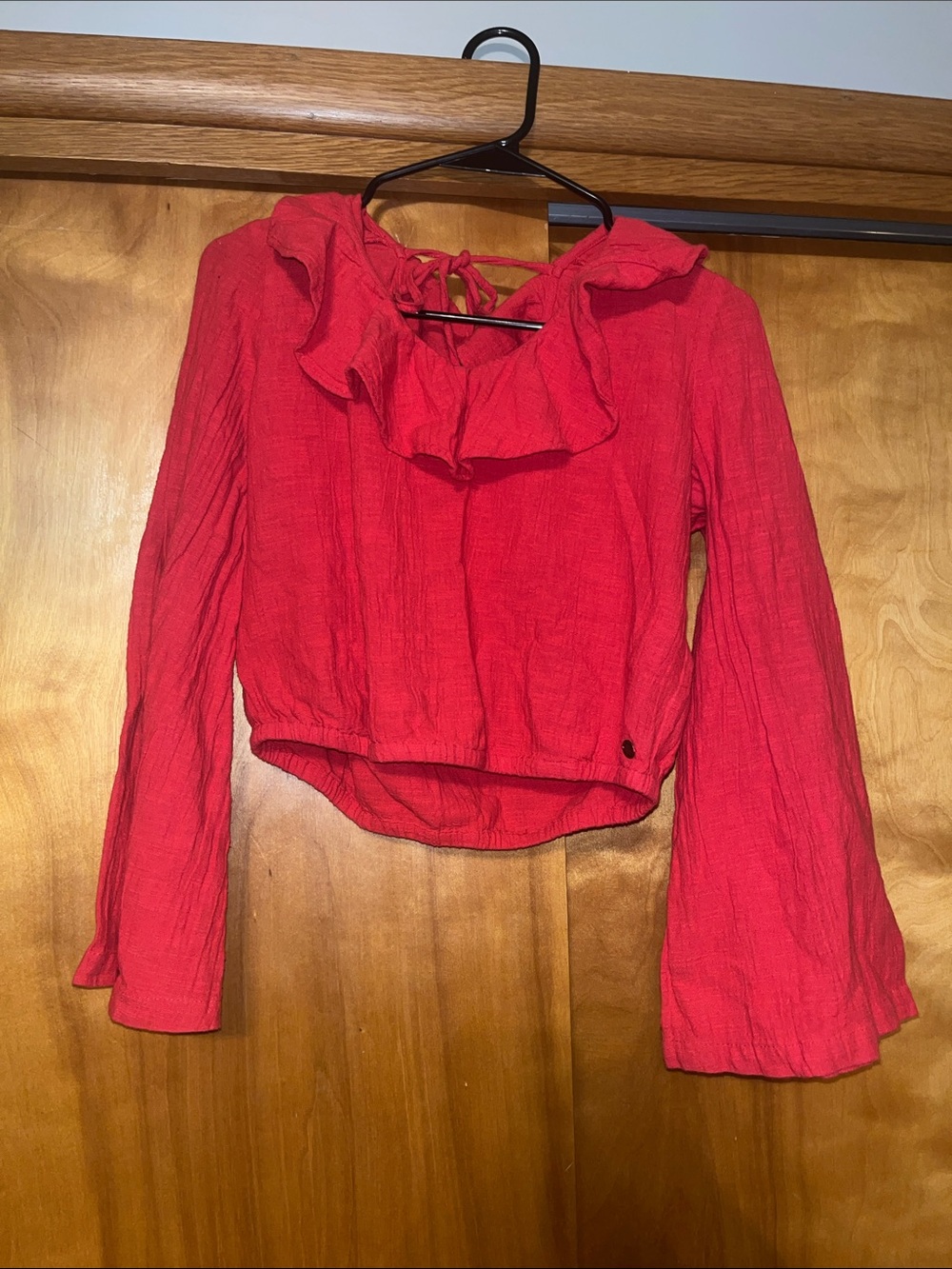 Red Roxy Ruffle-Neck Long-Sleeve Women's Top - Picture 5 of 6